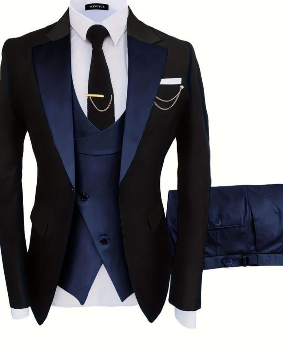 Black tuxedo with satin navy lapel, styled for black-tie events