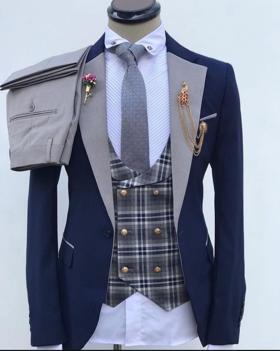 Navy two-piece suit with plaid waistcoat, all-occasion cut