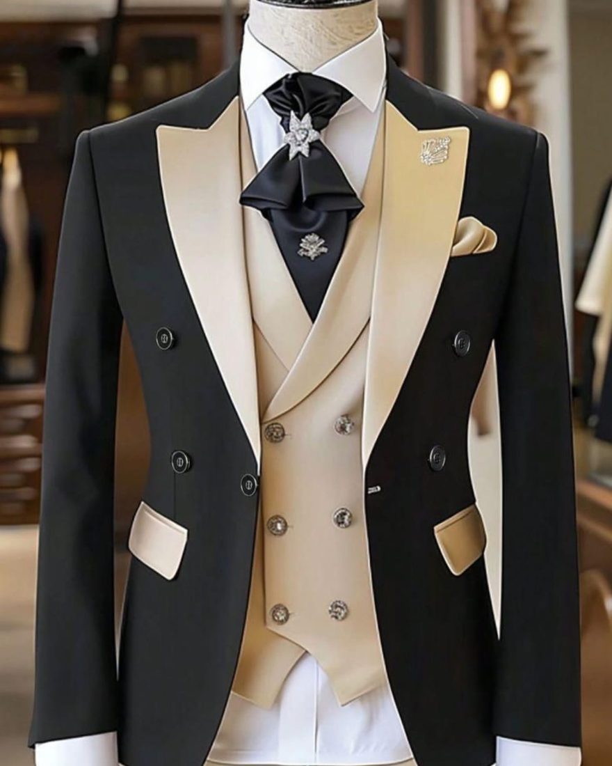 Black double-breasted jacket with cream lapel and waistcoat